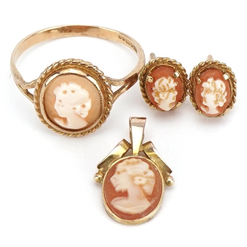 2287 - 9ct gold cameo maiden head ring, matching pendant and pair of similar stud earrings, the ring size P... 