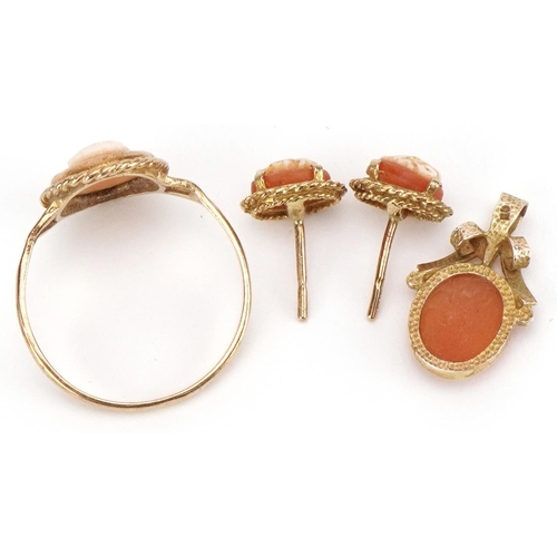 2287 - 9ct gold cameo maiden head ring, matching pendant and pair of similar stud earrings, the ring size P... 