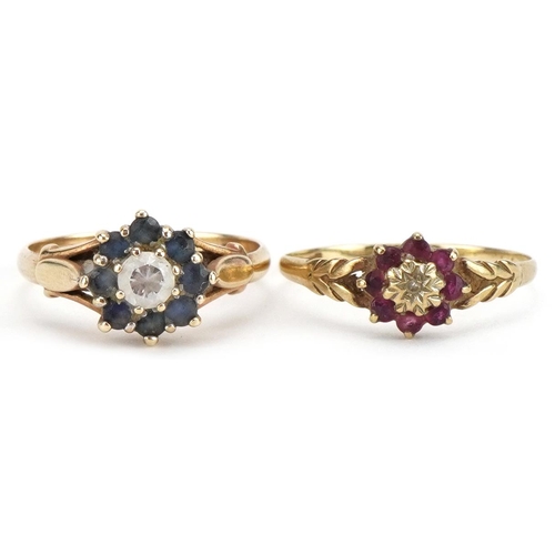 2231 - Two 9ct gold cluster rings including a diamond and ruby example, sizes N and Q, total 3.4g