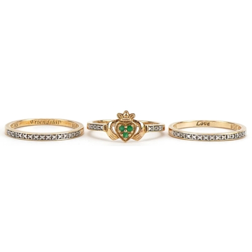 2233 - Three silver gilt diamond stacking rings comprising two half eternity examples and a Claddagh exampl... 