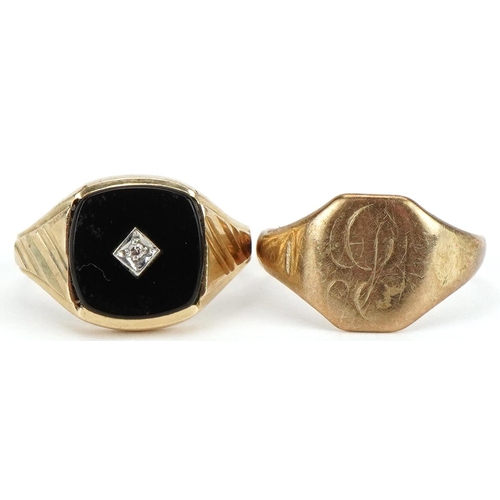 2237 - Two 9ct gold signet rings including a black onyx example set with a diamond, sizes Q, total 6.0g