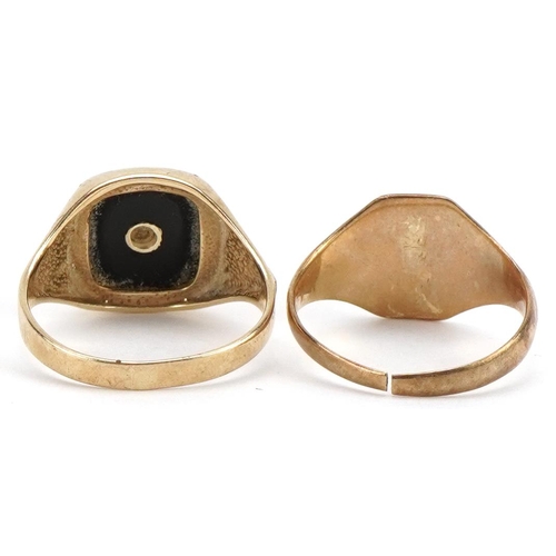 2237 - Two 9ct gold signet rings including a black onyx example set with a diamond, sizes Q, total 6.0g