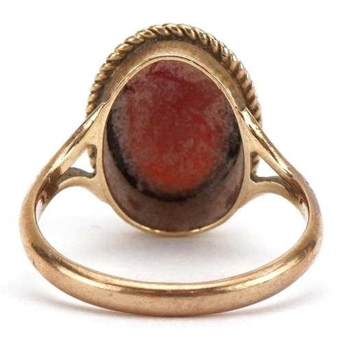 2256 - 9ct gold cabochon garnet solitaire ring, the garnet approximately 13.7mm x 9.7mm, size P, 3.7g