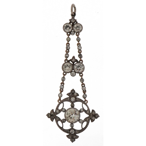 2352 - Georgian style white metal paste openwork drop pendant, 7cm high, 6.2g