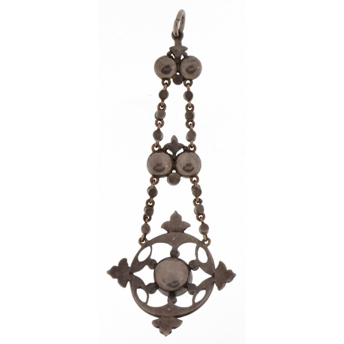 2352 - Georgian style white metal paste openwork drop pendant, 7cm high, 6.2g