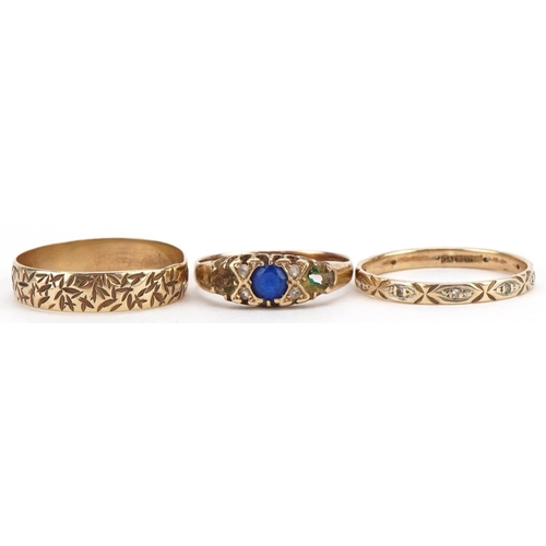 2090 - Three 9ct gold rings including a diamond eternity and Victorian style paste example, sizes Q, T and ... 