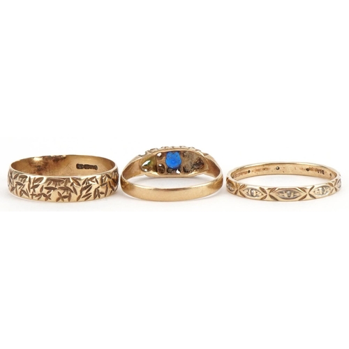 2090 - Three 9ct gold rings including a diamond eternity and Victorian style paste example, sizes Q, T and ... 