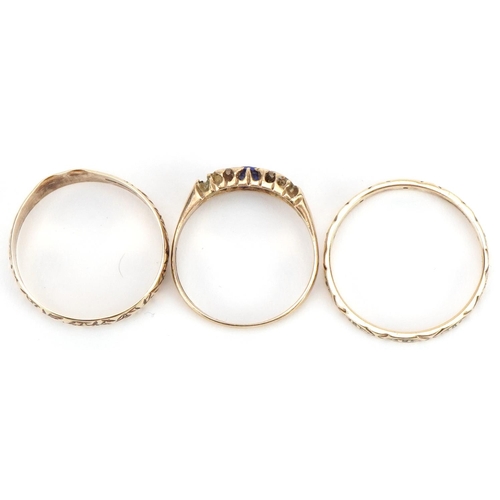 2090 - Three 9ct gold rings including a diamond eternity and Victorian style paste example, sizes Q, T and ... 