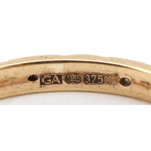 2090 - Three 9ct gold rings including a diamond eternity and Victorian style paste example, sizes Q, T and ... 