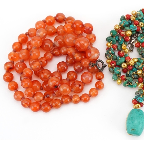 2357 - Three bead necklaces including a graduated coral example and one set with natural turquoise, total 1... 