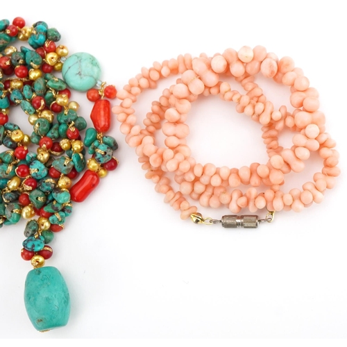 2357 - Three bead necklaces including a graduated coral example and one set with natural turquoise, total 1... 