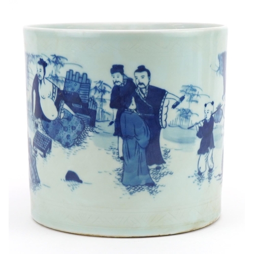 14 - Chinese blue and white porcelain brush washer hand painted with figures in a landscape, six figure c... 