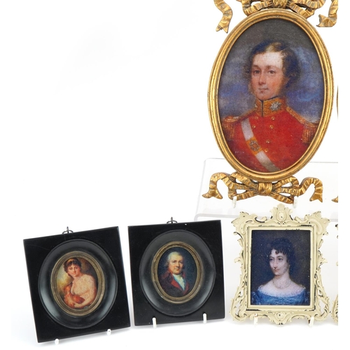 1255 - Four pairs of portrait miniatures including gentleman wearing military dress, the largest overall 23... 