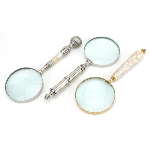 1224 - Three large magnifying glasses including two with mother of pearl handles, the largest 25.5cm in len... 