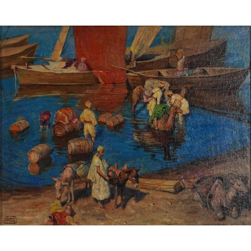 77 - Manner of Adam Styka - Figures and camel before boats, Orientalist oil on board, mounted and framed,... 