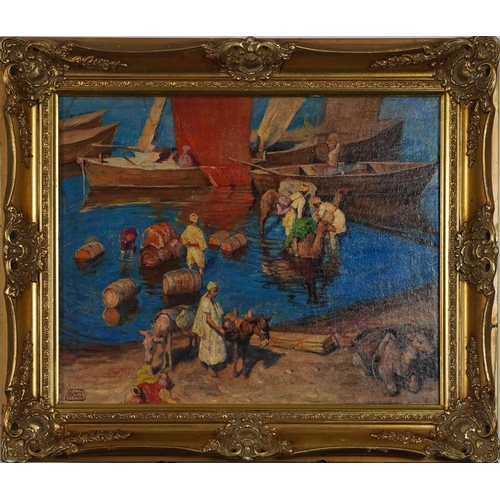 77 - Manner of Adam Styka - Figures and camel before boats, Orientalist oil on board, mounted and framed,... 