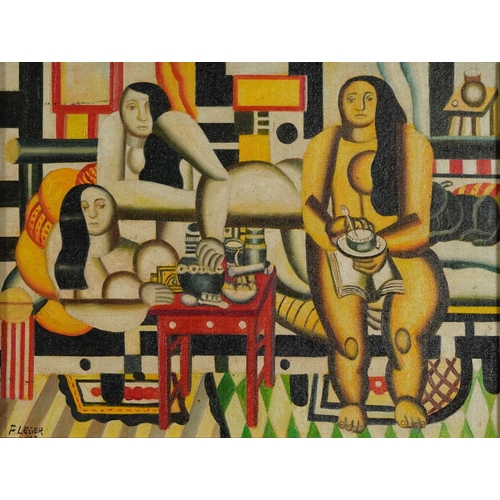 151 - Manner of Fernand Leger - Surreal composition, females and geometric shapes, French school oil on bo... 