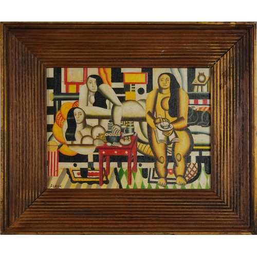 151 - Manner of Fernand Leger - Surreal composition, females and geometric shapes, French school oil on bo... 