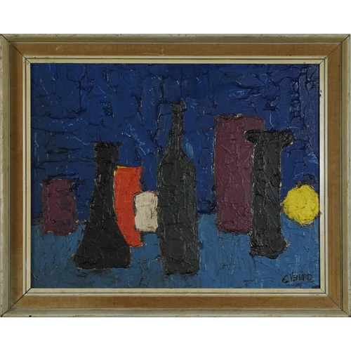 513 - Abstract composition, still life vessels, French school impasto oil on board mounted and framed, 53c... 