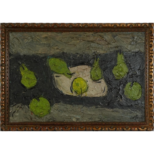 1332 - Manner of William Scott - Abstract composition, still life fruit, impasto oil on board, mounted and ... 