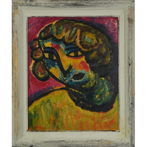 614 - Abstract composition, portrait of a figure, oil on board, mounted and framed, 49.5cm x 39.5cm exclud... 