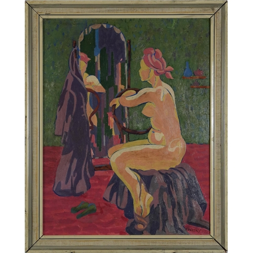28 - Manner of Philip Naviasky - Seated nude female in an interior, oil on board, mounted and framed, 44c... 
