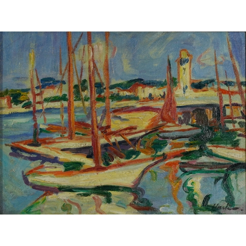 198 - Continental harbour scene with moored boats, Impressionist oil on board, mounted and framed, 39.5cm ... 