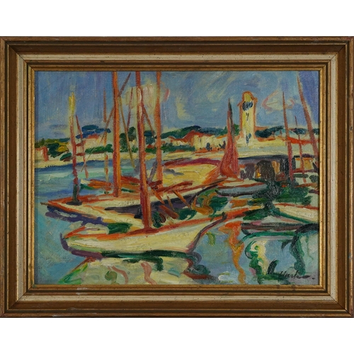 198 - Continental harbour scene with moored boats, Impressionist oil on board, mounted and framed, 39.5cm ... 