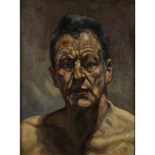 260 - After Lucian Freud - Self portrait, British school oil on board, framed, 38.5cm x 28.5cm excluding t... 