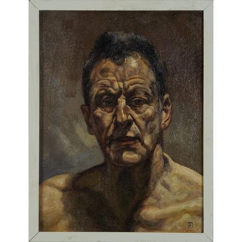 260 - After Lucian Freud - Self portrait, British school oil on board, framed, 38.5cm x 28.5cm excluding t... 