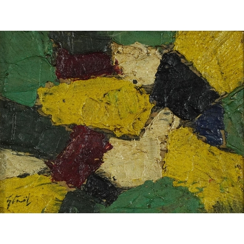 474 - Abstract composition, geometric shapes, Russian school impasto oil on board, mounted, framed and gla... 