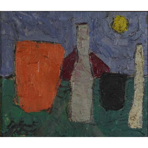 362 - Abstract composition, still life vessels, impasto oil on board, inscribed verso, framed and glazed, ... 