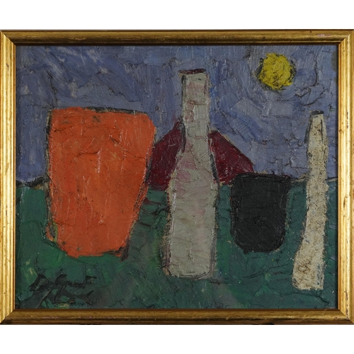 362 - Abstract composition, still life vessels, impasto oil on board, inscribed verso, framed and glazed, ... 