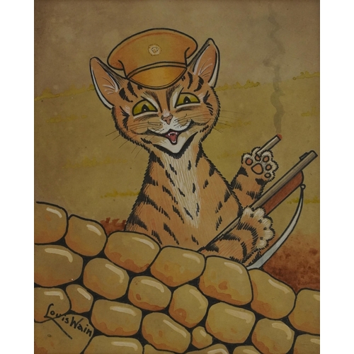 472 - After Louis Wain - Cat wearing a military hat and holding a gun, comical mixed media inscribed Tommy... 