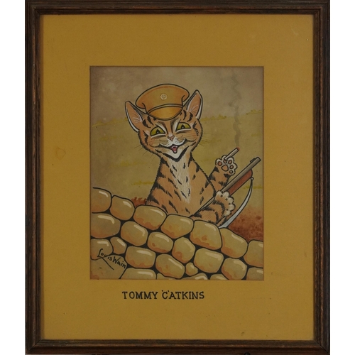 472 - After Louis Wain - Cat wearing a military hat and holding a gun, comical mixed media inscribed Tommy... 