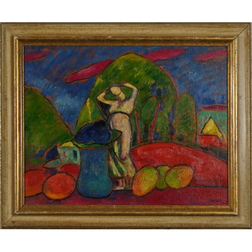 316 - Surreal composition, female before a landscape, Scottish Colourist oil on board, inscribed verso, mo... 