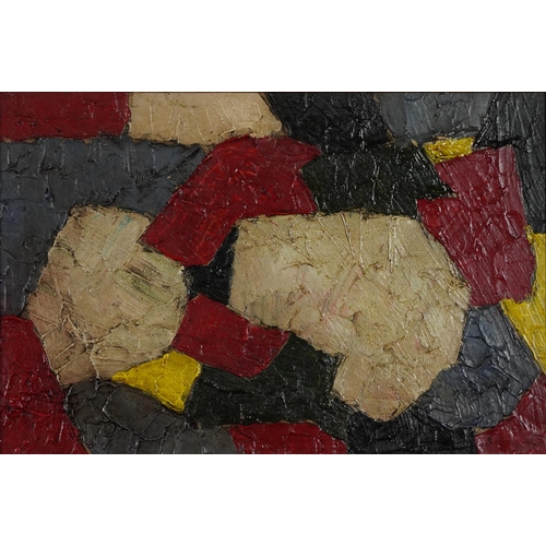 491 - Abstract composition, geometric shapes, impasto oil on canvas, stamp verso, mounted and framed, 56.5... 