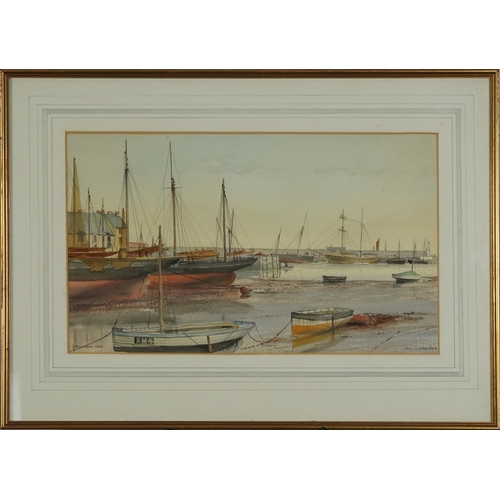 319 - John J Challis - Moored boats, Brixham, 1980s watercolour, details verso, mounted, framed and glazed... 