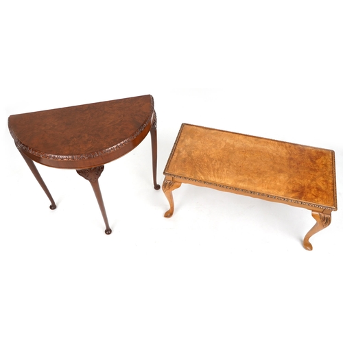 1023 - Walnut demi lune hall table and a rectangular coffee table raised on cabriole legs, the largest 75.5... 