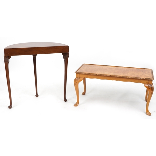 1023 - Walnut demi lune hall table and a rectangular coffee table raised on cabriole legs, the largest 75.5... 