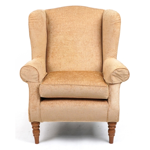 1108 - Multiyork wingback armchair with gold fabric upholstery, 100cm high