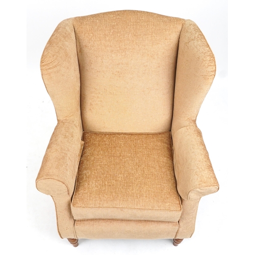 1108 - Multiyork wingback armchair with gold fabric upholstery, 100cm high