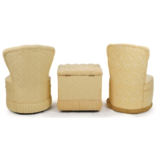 1109 - Two cream and gold button back bedroom chairs and a similar stool with lift up seat