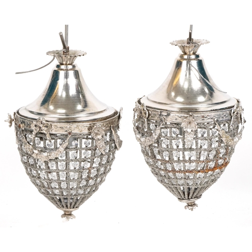 1062 - Pair of ornate silvered metal acorn chandeliers with swags and bows, 40cm high