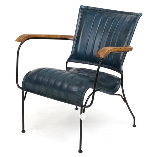 1011 - Industrial hardwood and leather design elbow chair, 75cm high