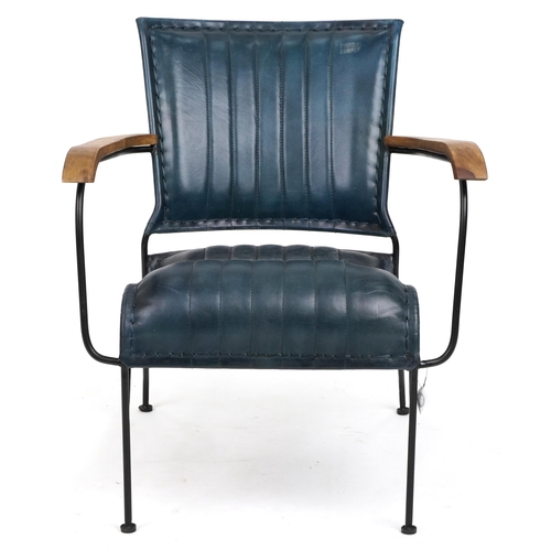 1011 - Industrial hardwood and leather design elbow chair, 75cm high