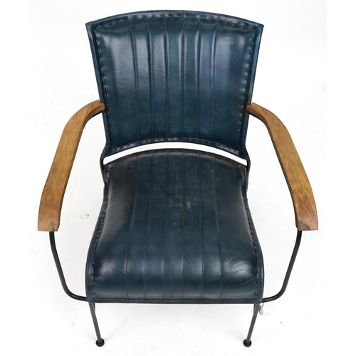 1011 - Industrial hardwood and leather design elbow chair, 75cm high