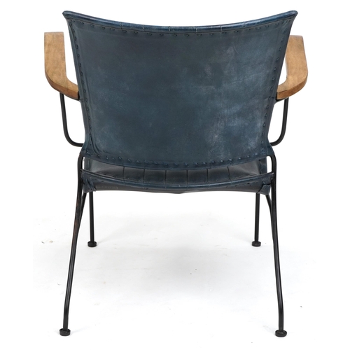 1011 - Industrial hardwood and leather design elbow chair, 75cm high