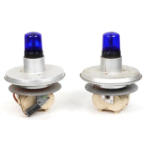 1141 - Two vintage Stem-Lite emergency vehicle blue flashing lights by Godiva, the largest 92cm high