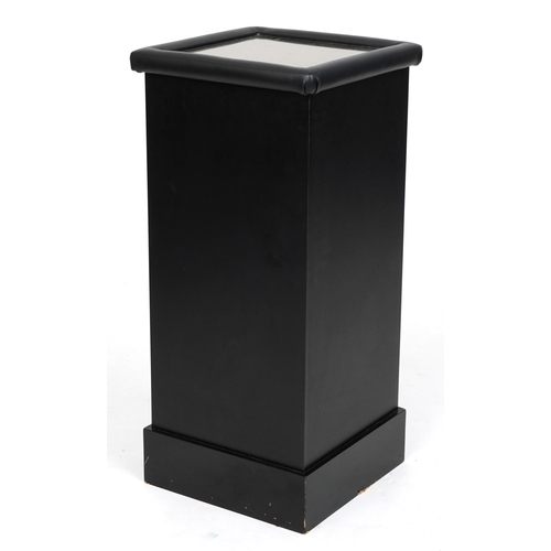 1012 - Contemporary ebonised and black leatherette column stand with mirrored top, 74cm H x 34cm W x 34cm D